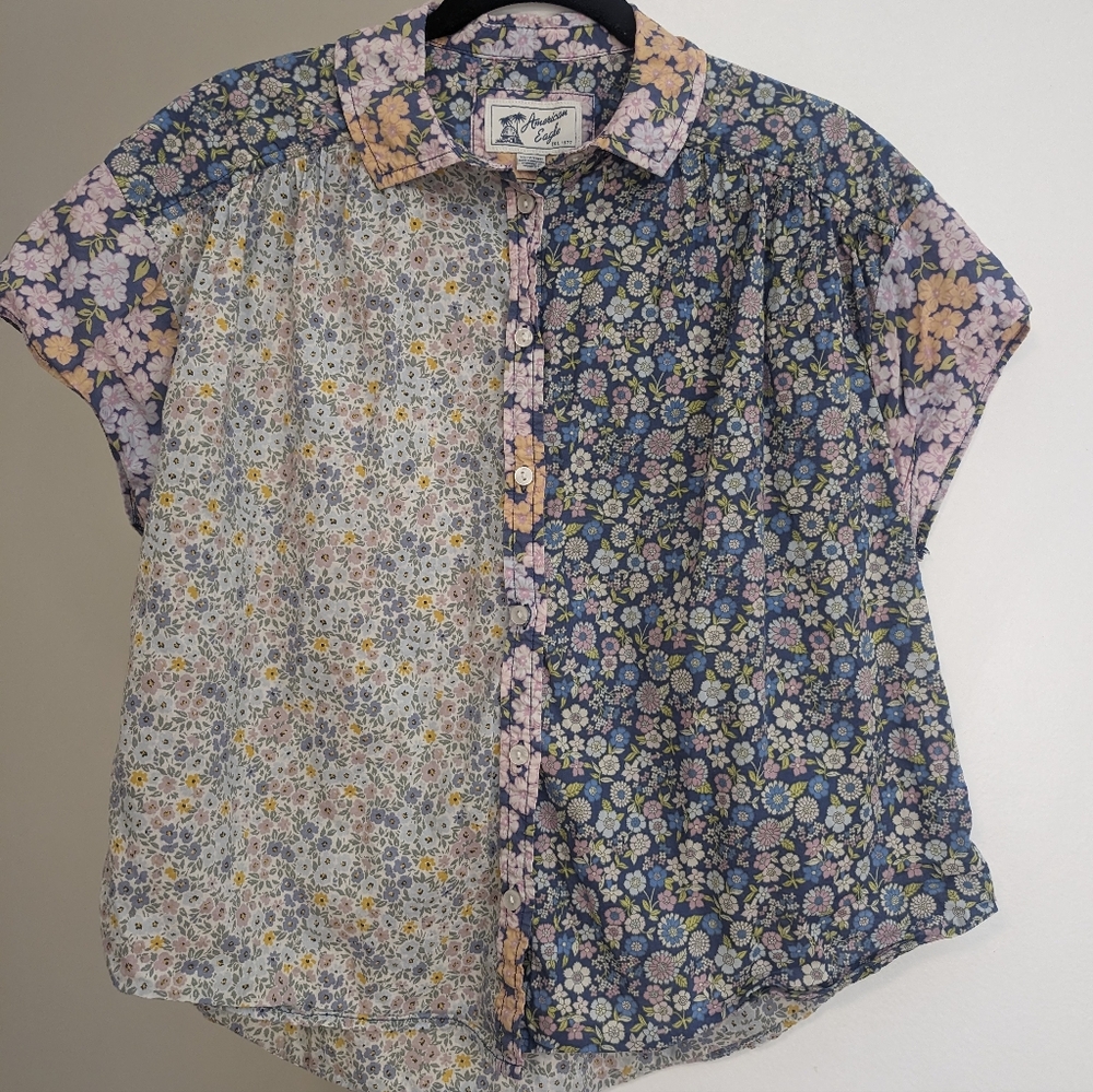 MOVING SALE  - Patterned resort shirt, lightweight cotton patchwork, AE